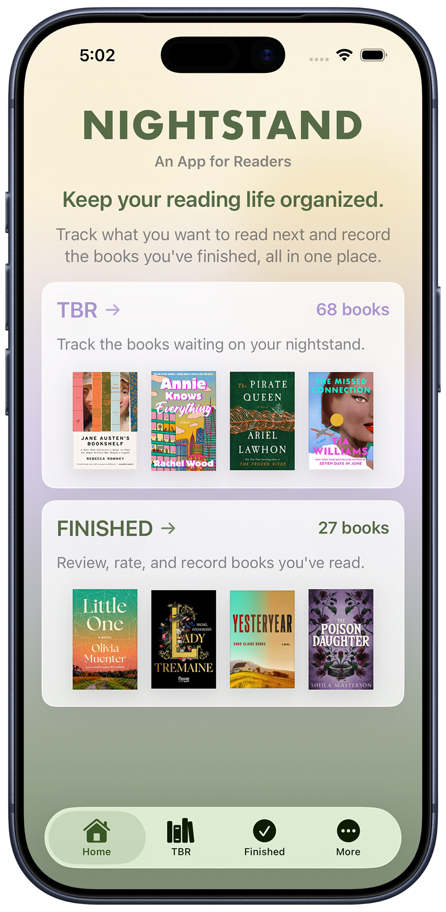 Nightstand home screen showing TBR and Finished sections