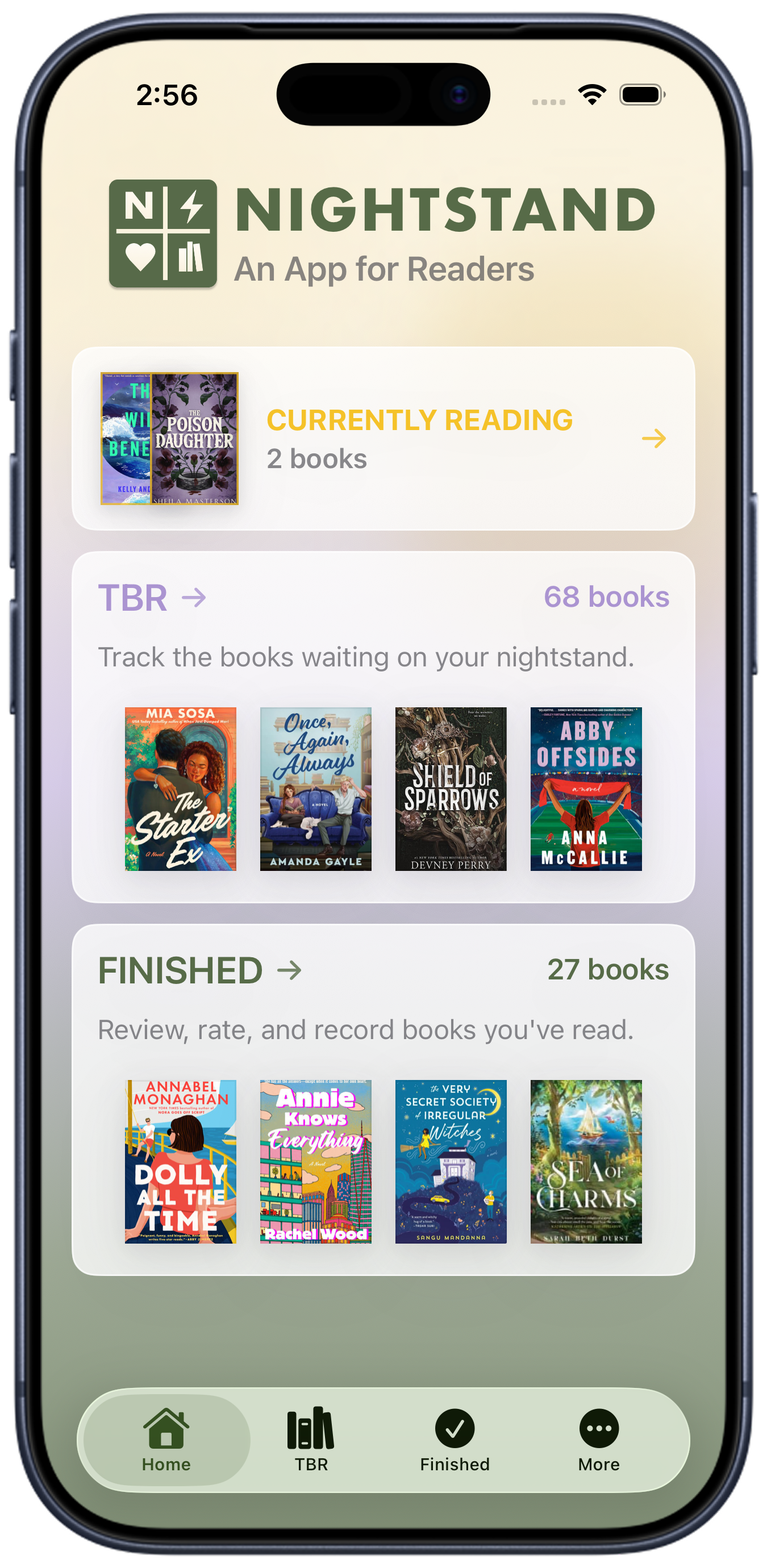 Nightstand home screen showing romance books in Currently Reading, TBR, and Finished sections