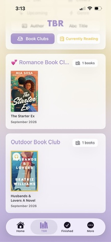 Nightstand TBR showing upcoming picks grouped by book club