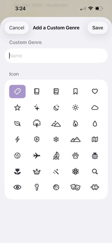 Nightstand screen for naming a custom genre and choosing its icon