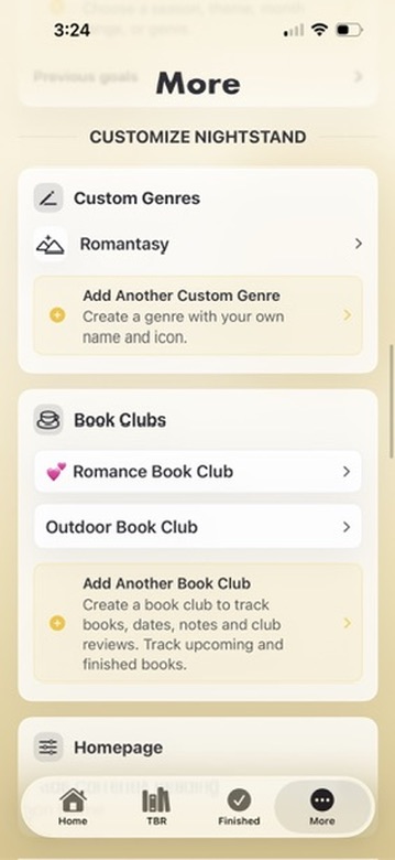 Nightstand More tab showing custom genres and book clubs