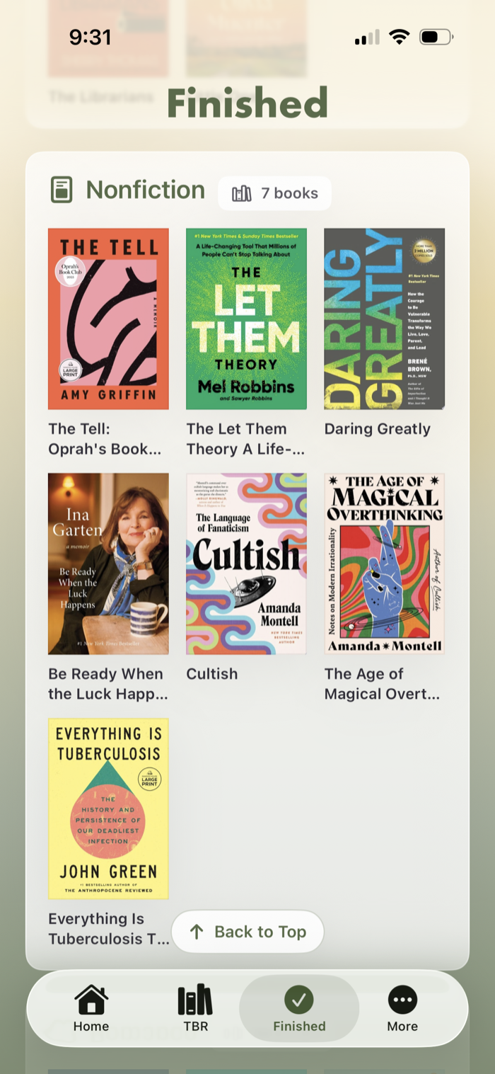 Nightstand finished books sorted by genre