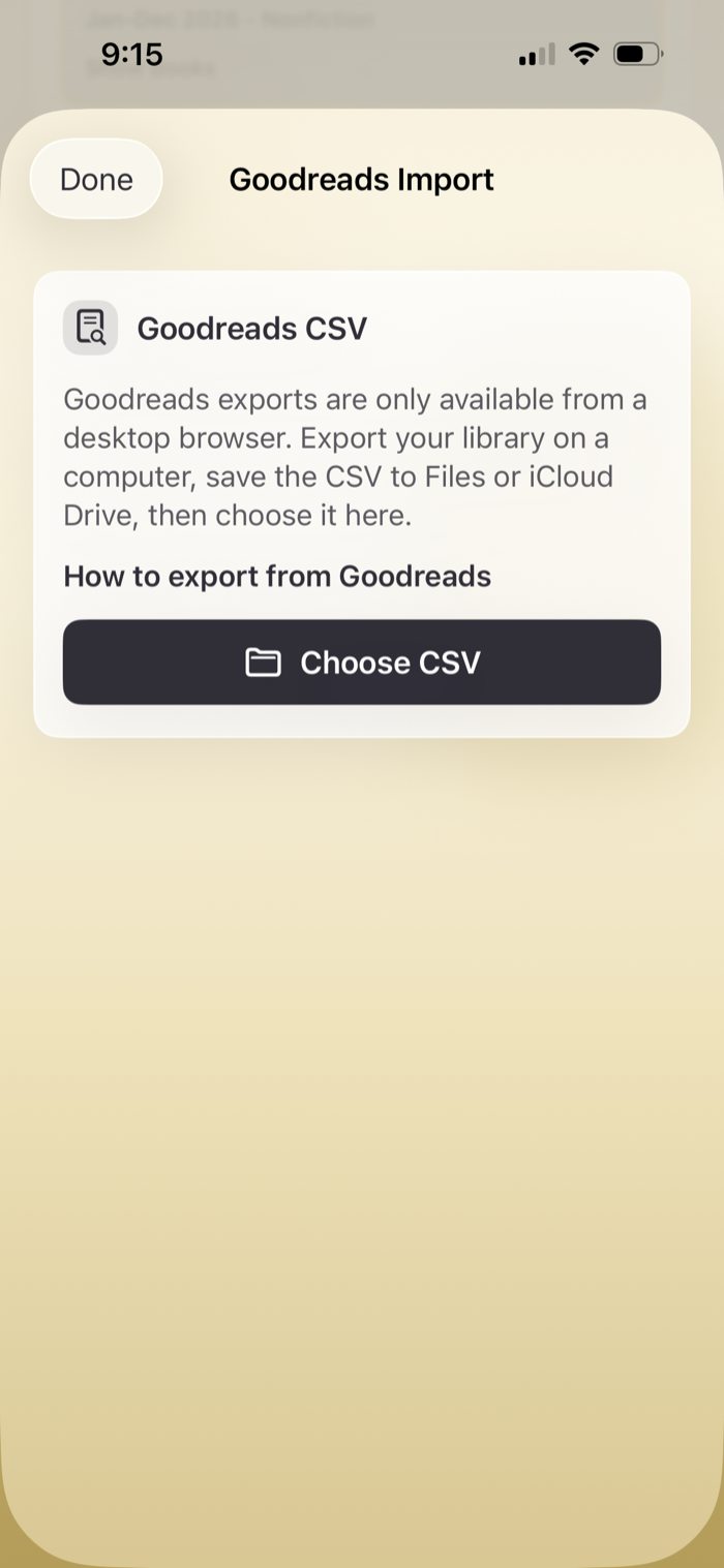 Nightstand import from Goodreads screen