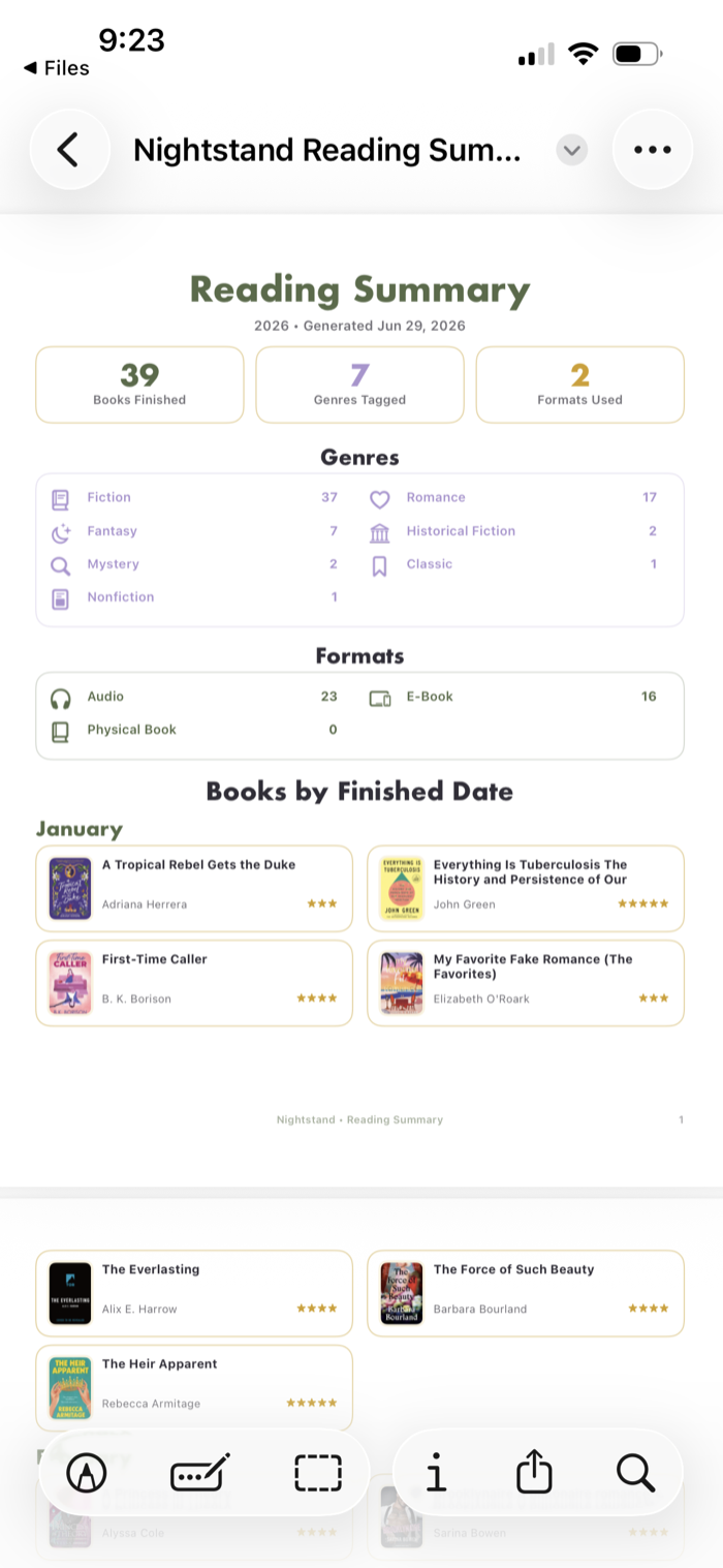 Nightstand reading summary PDF export