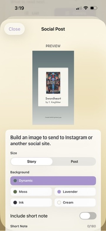 Nightstand social post creator with Story size selected