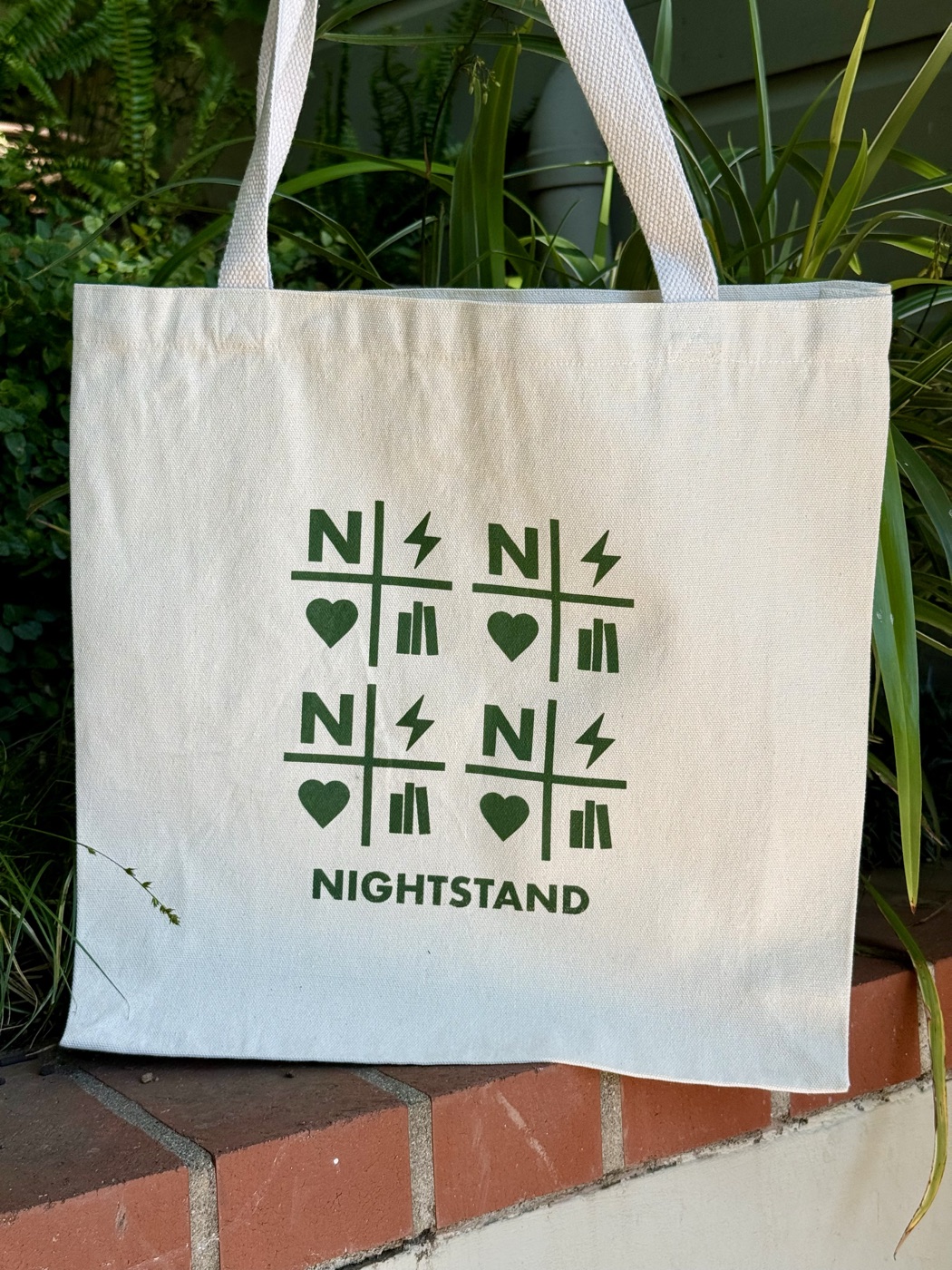 Natural canvas Nightstand tote bag with green printed logo